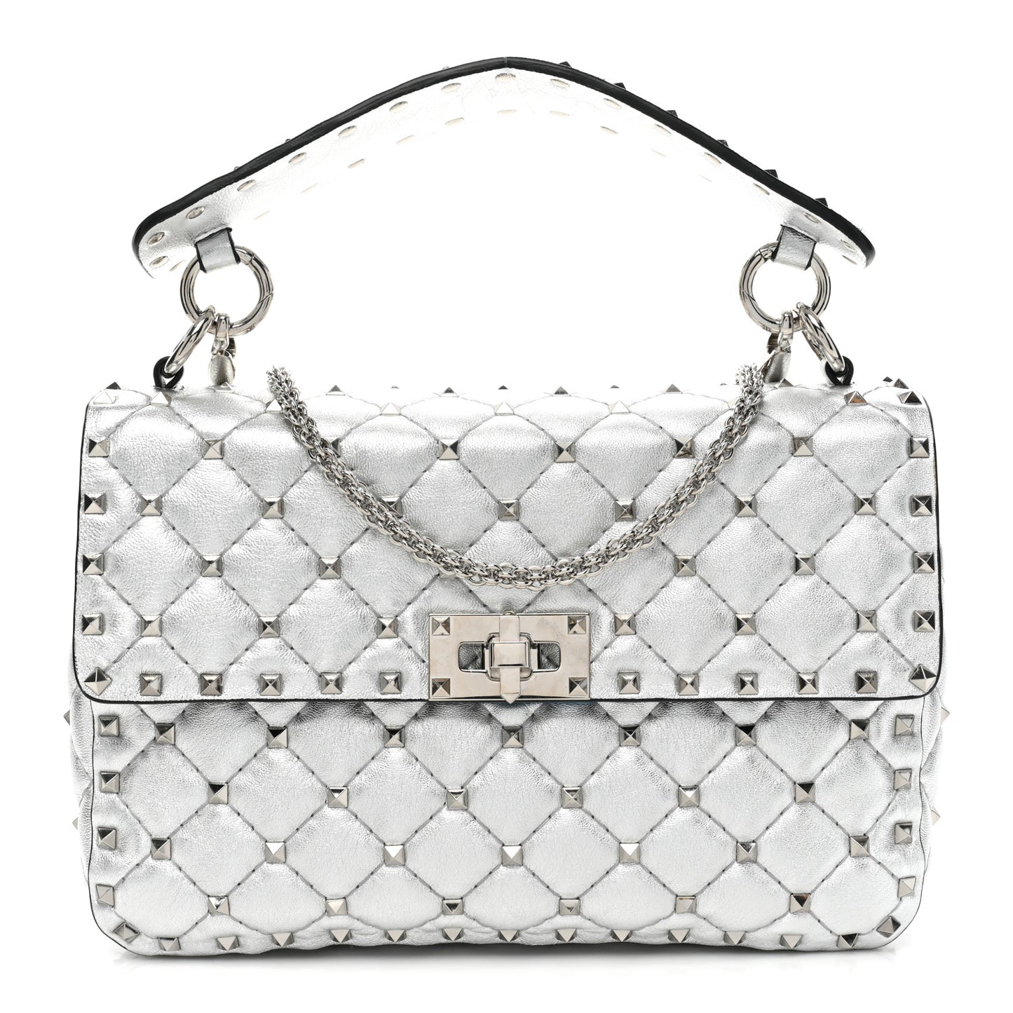 Metallic Nappa Medium Rockstud Spike Shoulder Bag Silver