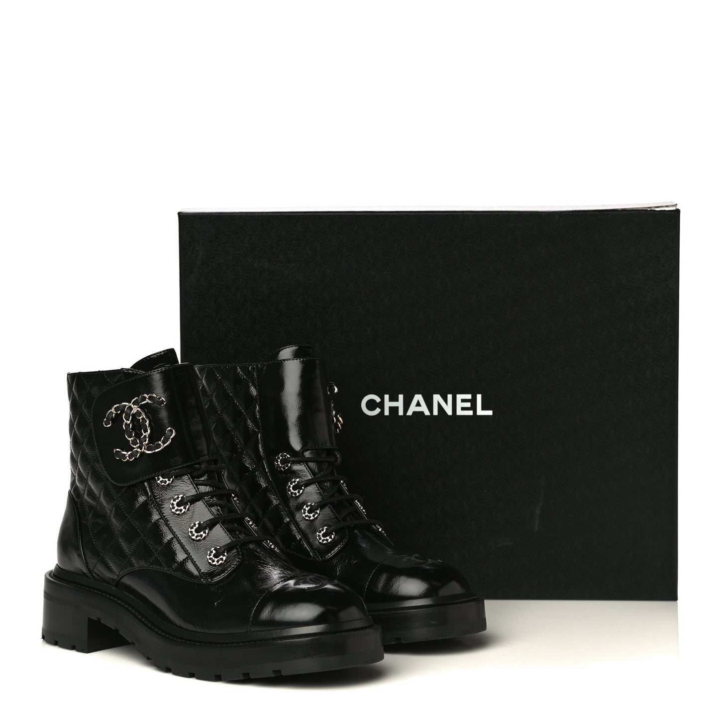 Shiny Calfskin Quilted Lace Up Combat Boots 39.5 Black