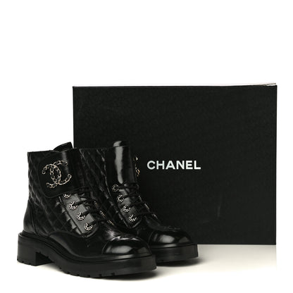 Chanel Shiny Calfskin Quilted Lace Up Combat Boots 39.5 Black 10 of 10