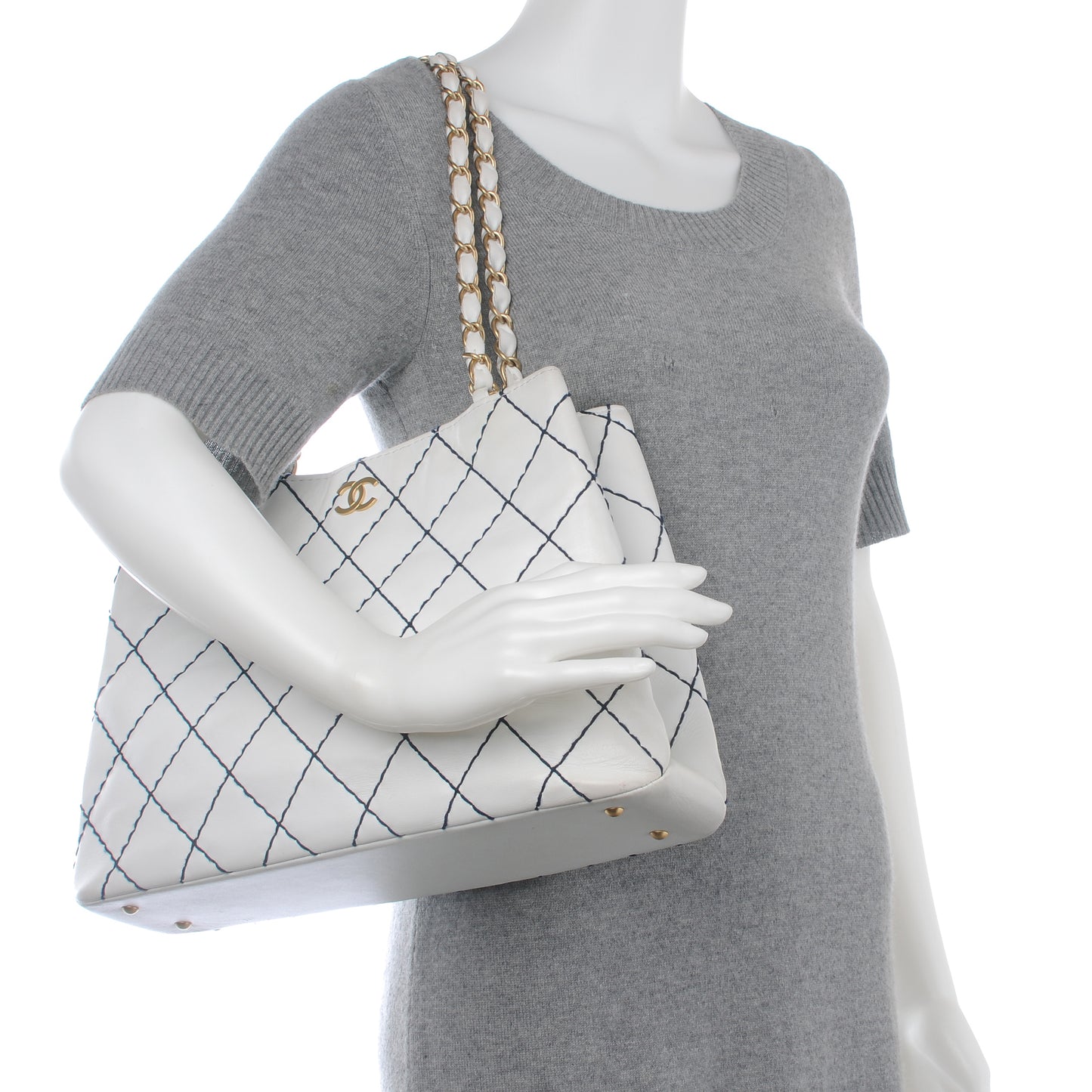 Leather Contrast Stitch Surpique Shoulder Bag White
