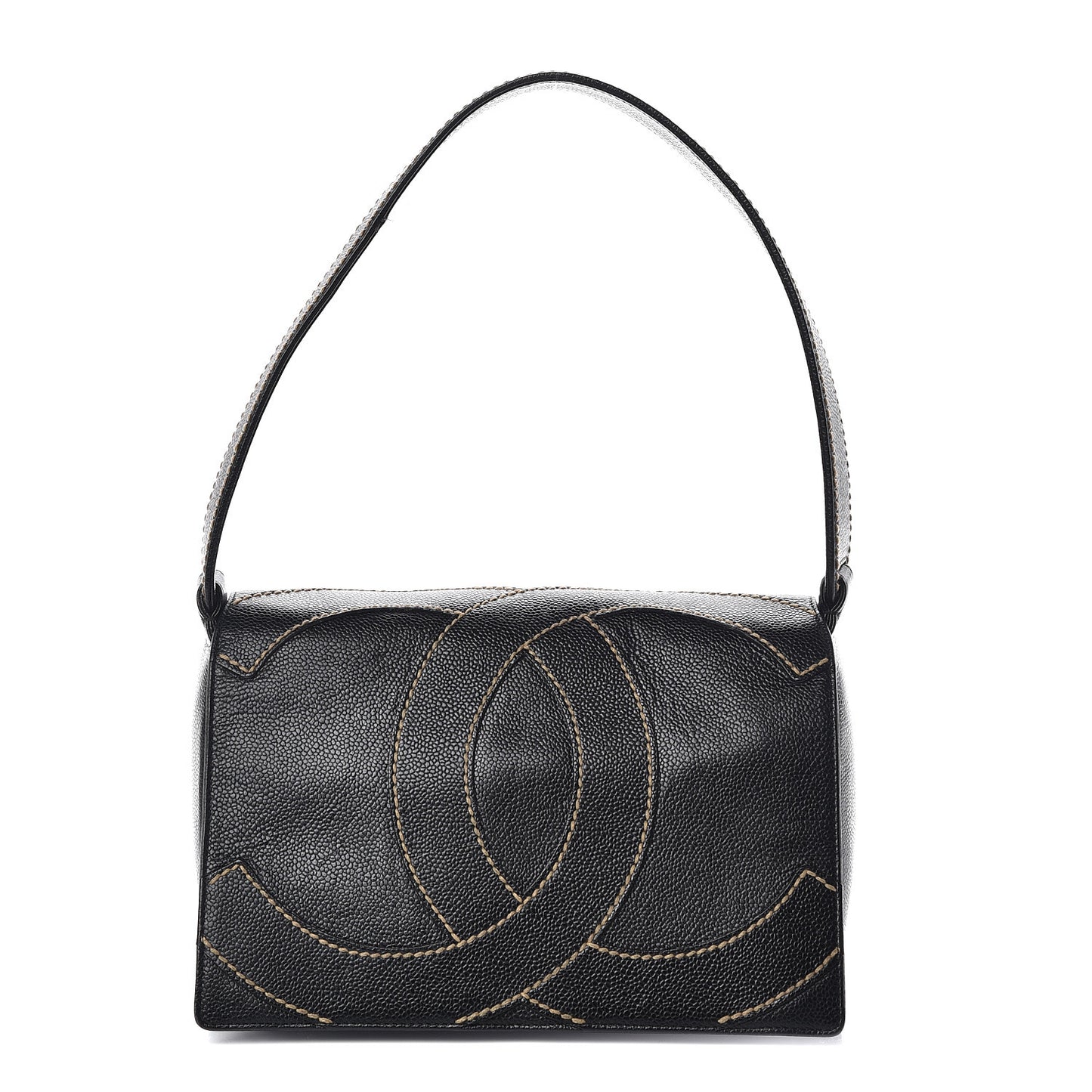 Caviar CC Stitched Medium Flap Shoulder Bag Black