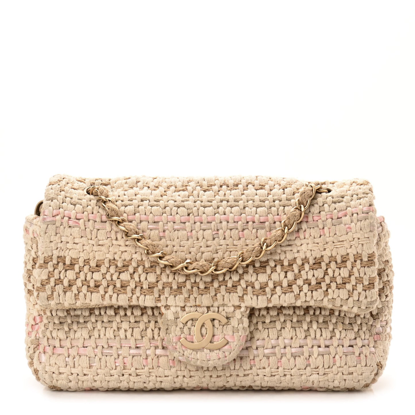 Tweed Chain Braid Small Single Flap Beige White