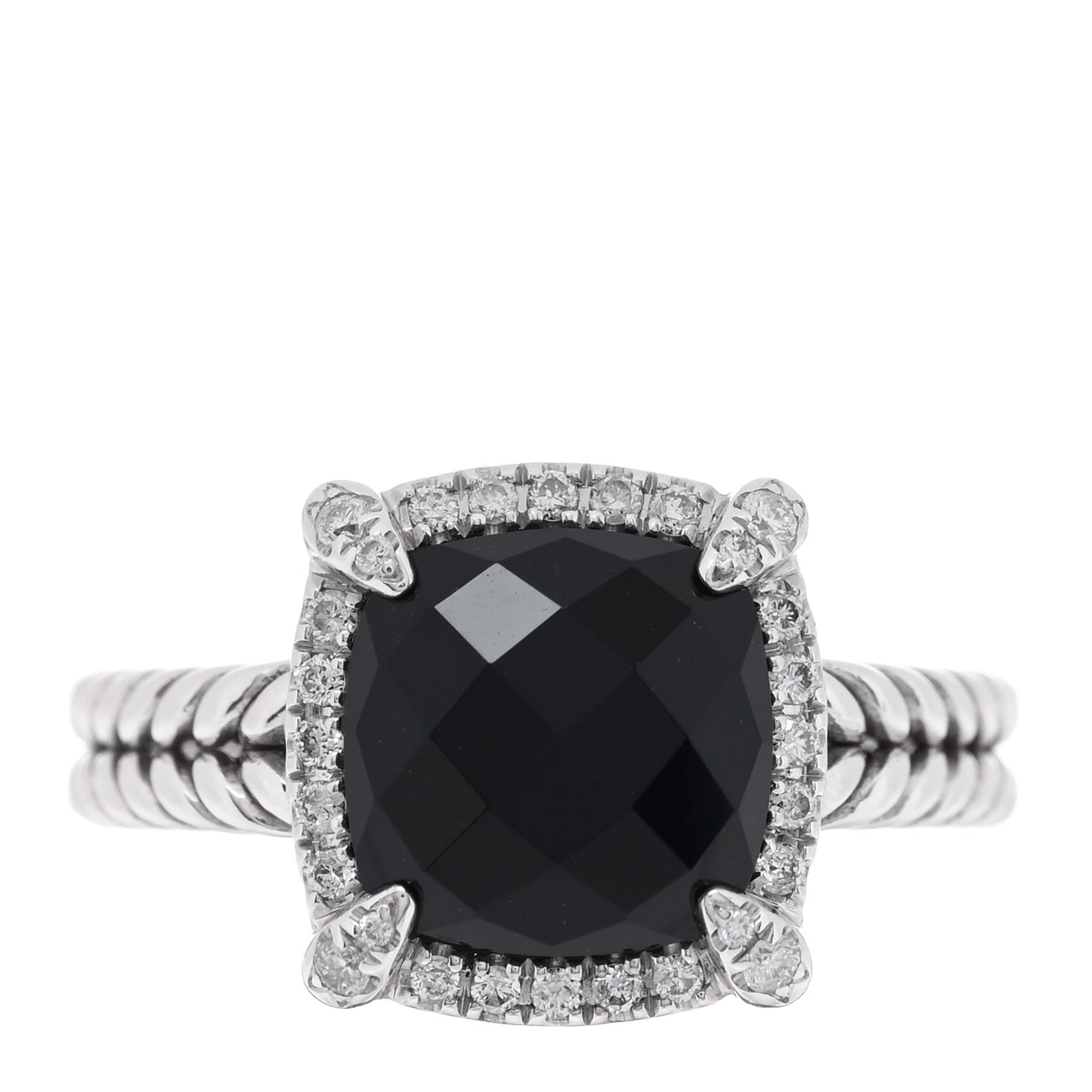 Sterling Silver Diamond Black Onyx 9mm Chatelaine Pave Bezel Ring 51 5.75