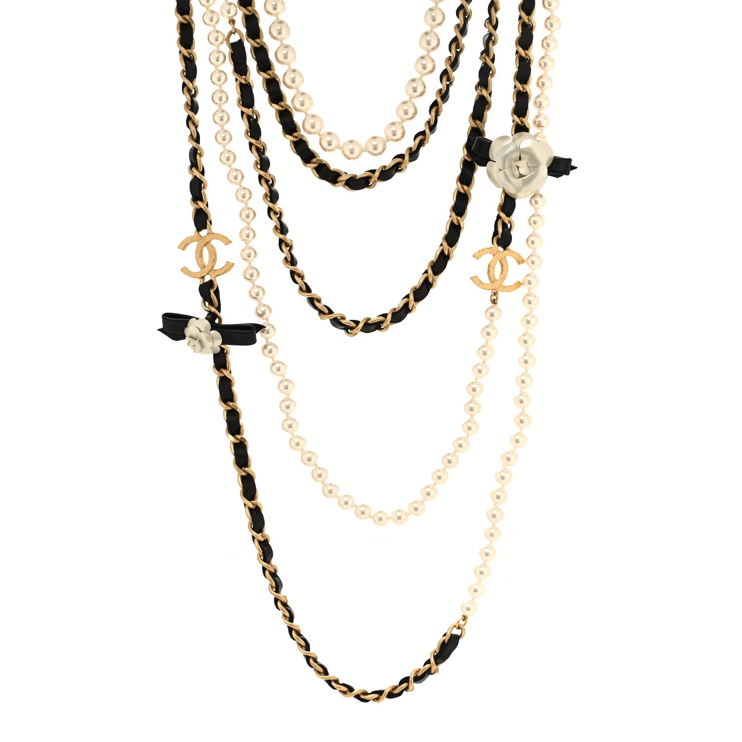 Pearl Lambskin CC Camellia Multi Strand Necklace Black Gold