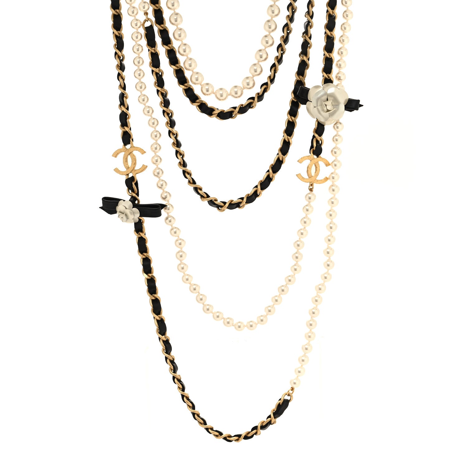 Chanel Pearl Lambskin CC Camellia Multi Strand Necklace Black Gold 1 of 5