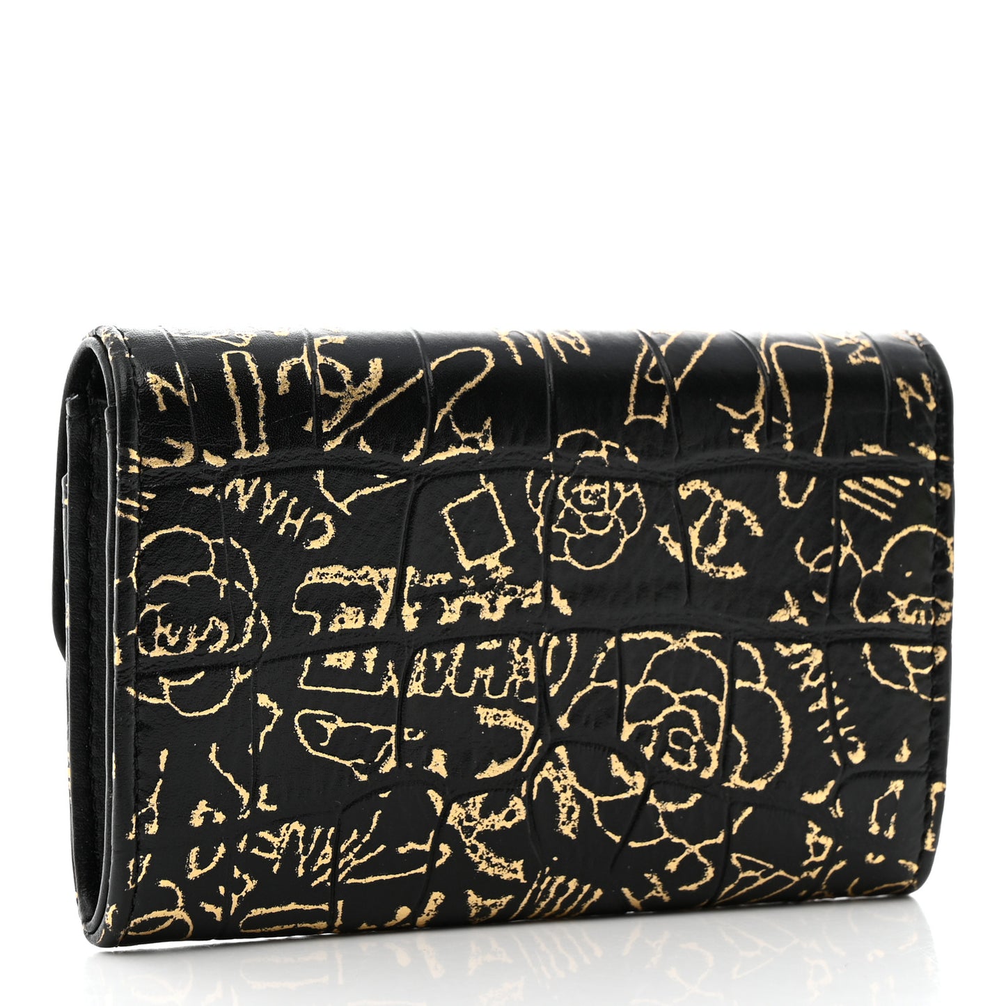 Calfskin Crocodile Embossed Graffiti 2.55 Crocodile Reissue Flap Card Holder Black Gold