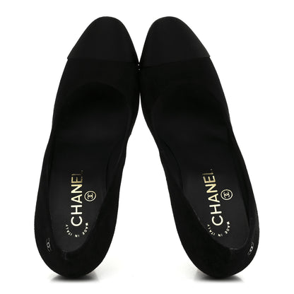 Chanel Suede Calfskin Satin Cap Toe CC Pumps 37 Black 2 of 10