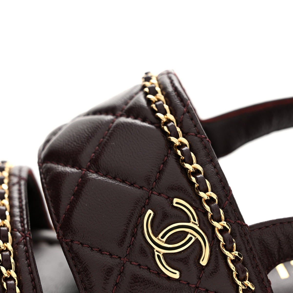 Shiny Lambskin Quilted Chain Around CC Platform Sandals 36 Burgundy