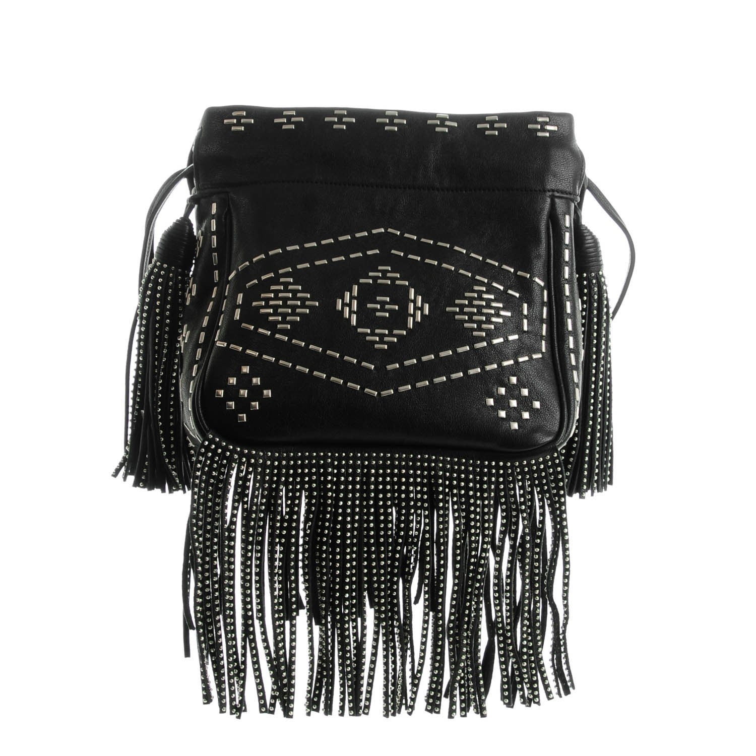 Saint Laurent Lambskin Oxidized Nickel Studded Small Helena Fringed Bucket Bag Black 1 of 7