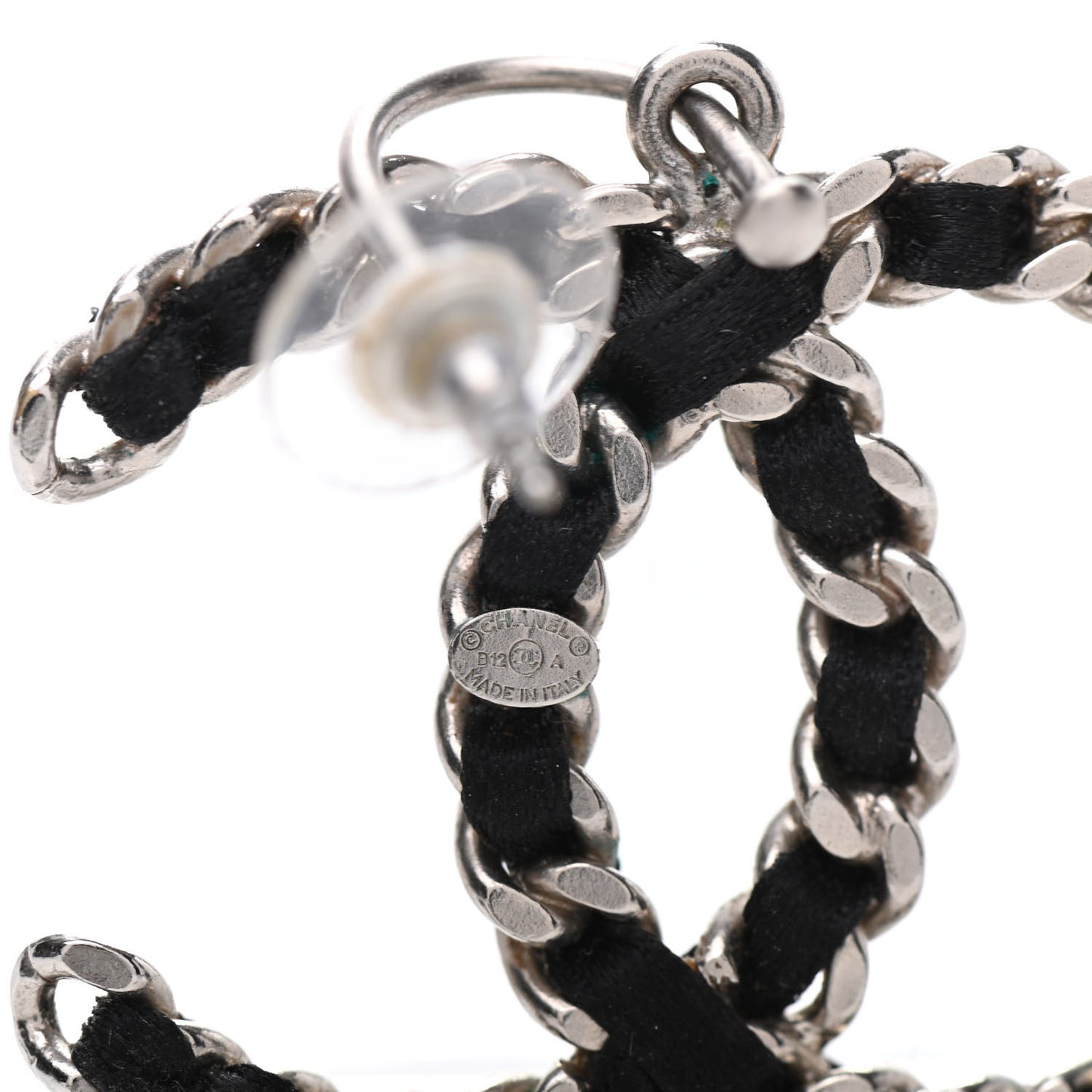 Satin CC Chain Earrings Silver Black