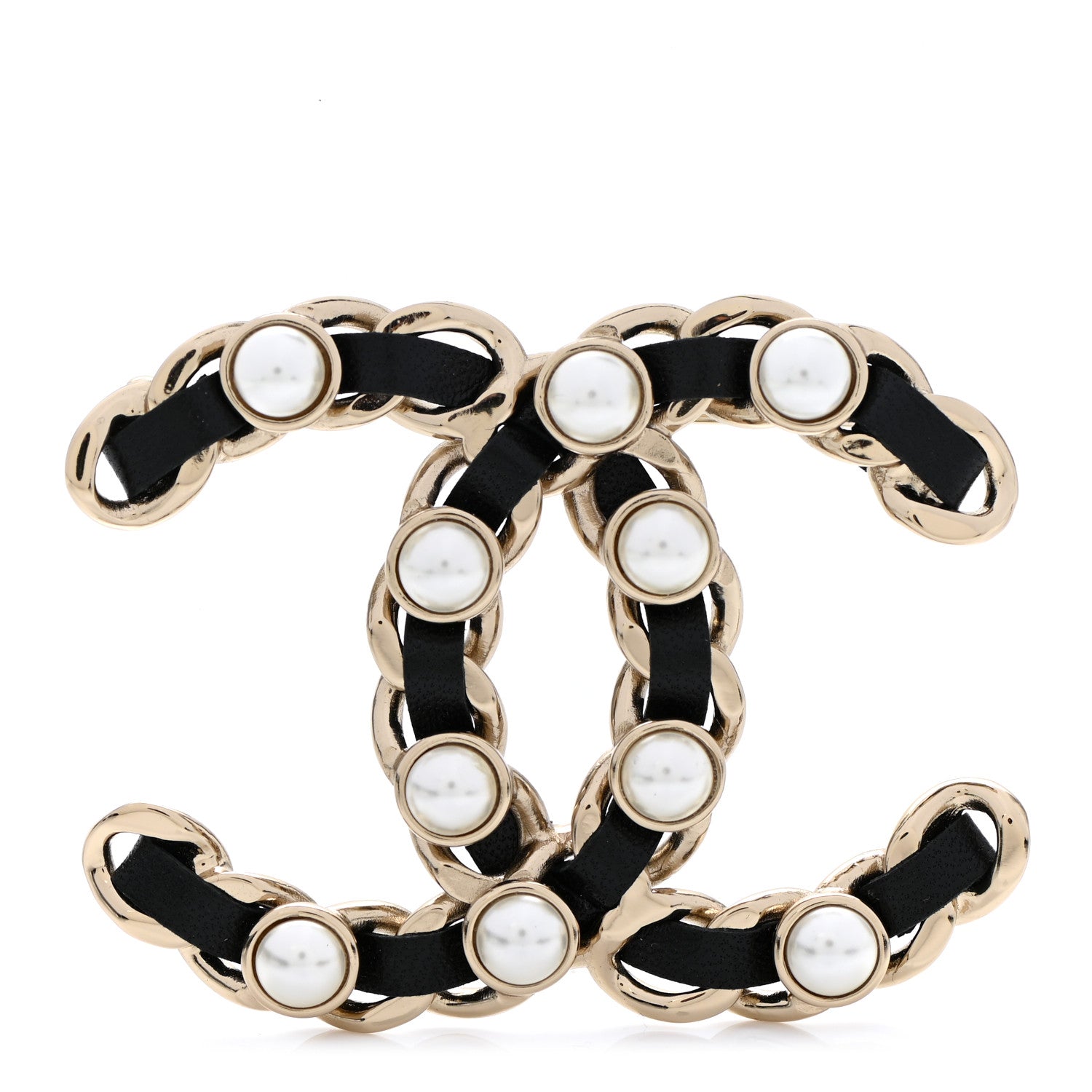 Chanel Lambskin Pearl Chain CC Brooch Gold Black 1 of 5