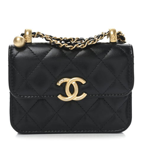 Calfskin Quilted Perfect Fit Coin Purse With Chain Black
