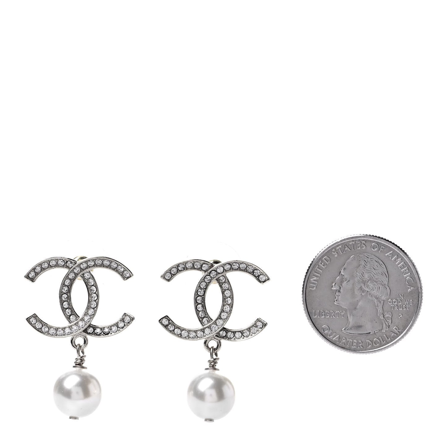 Crystal Pearl CC Drop Earrings Silver