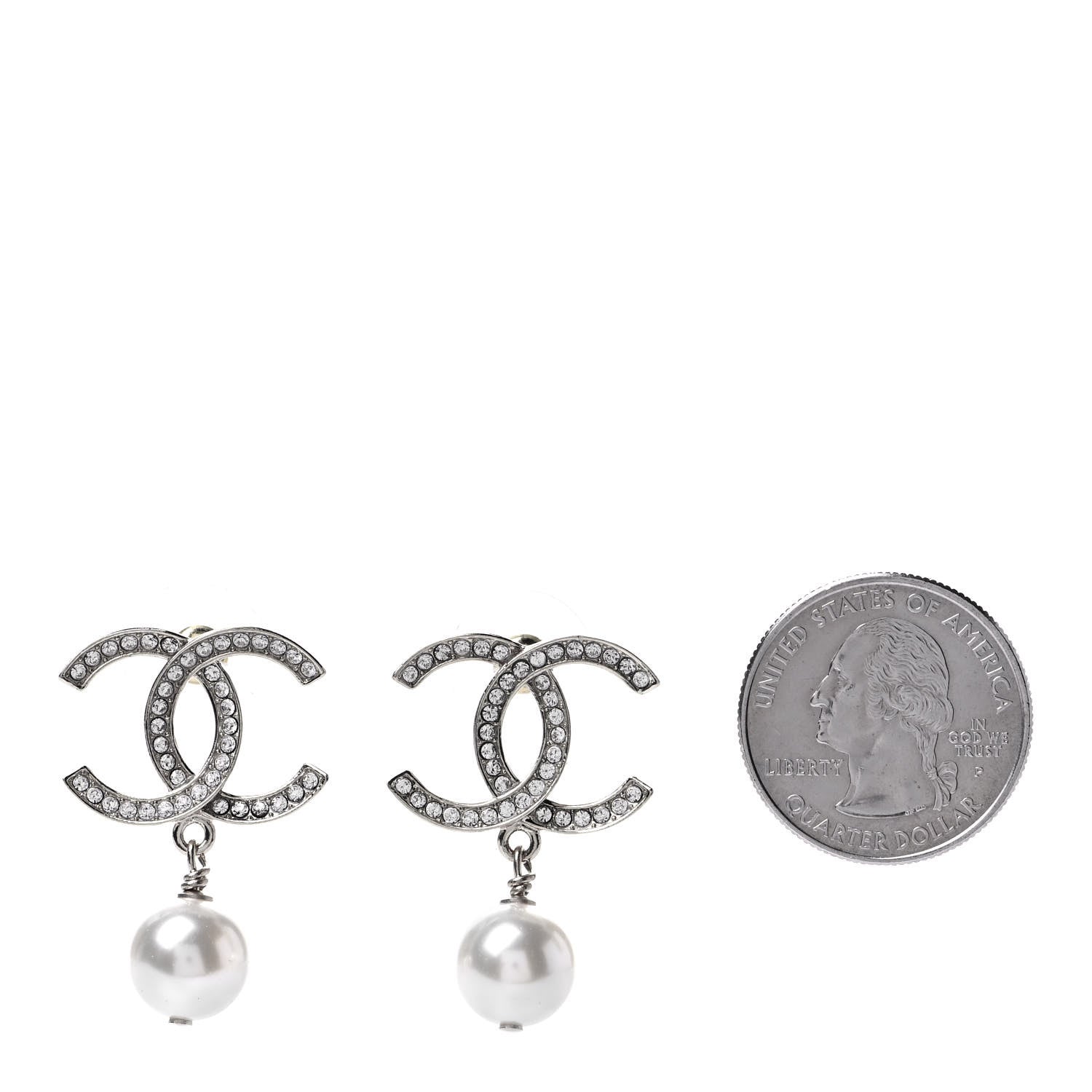 Chanel Crystal Pearl CC Drop Earrings Silver 2 of 4