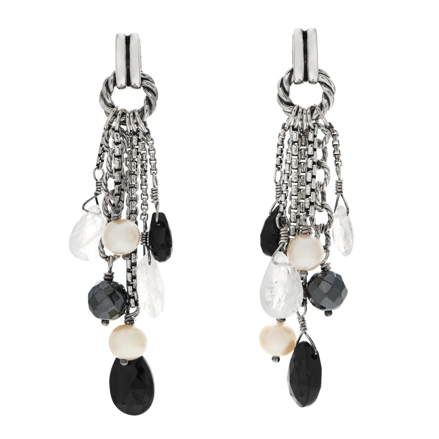 David Yurman Sterling Silver Pearl Moonstone Black Spinel Hematine Bijoux Drop Earrings 1 of 4