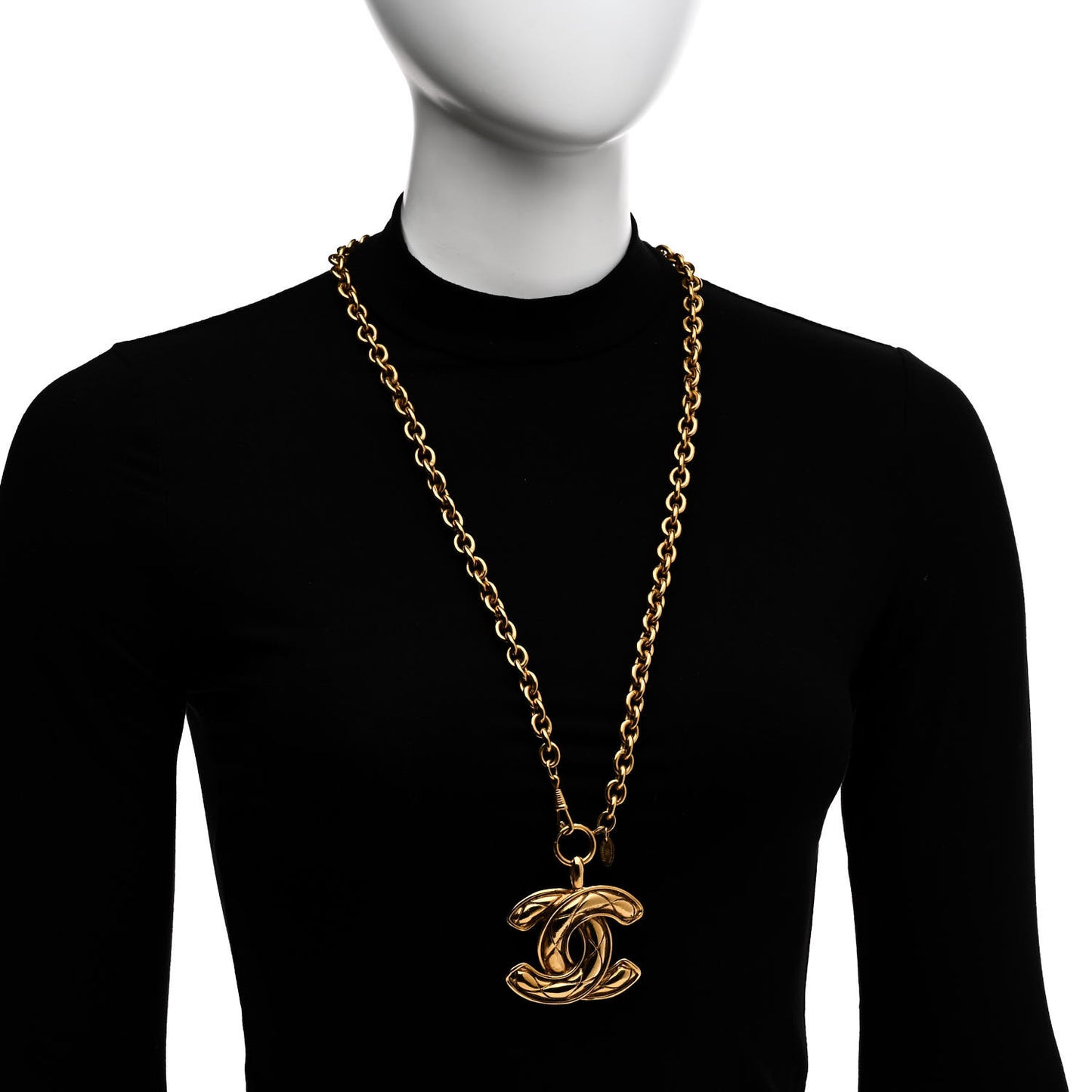 Metal Quilted CC Long Necklace Gold