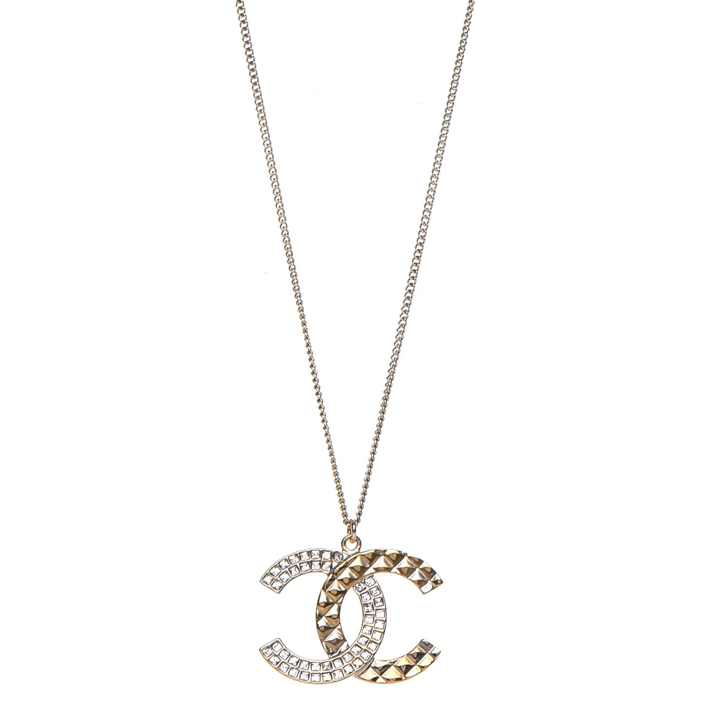 Baguette Crystal Quilted CC Pendant Necklace Gold