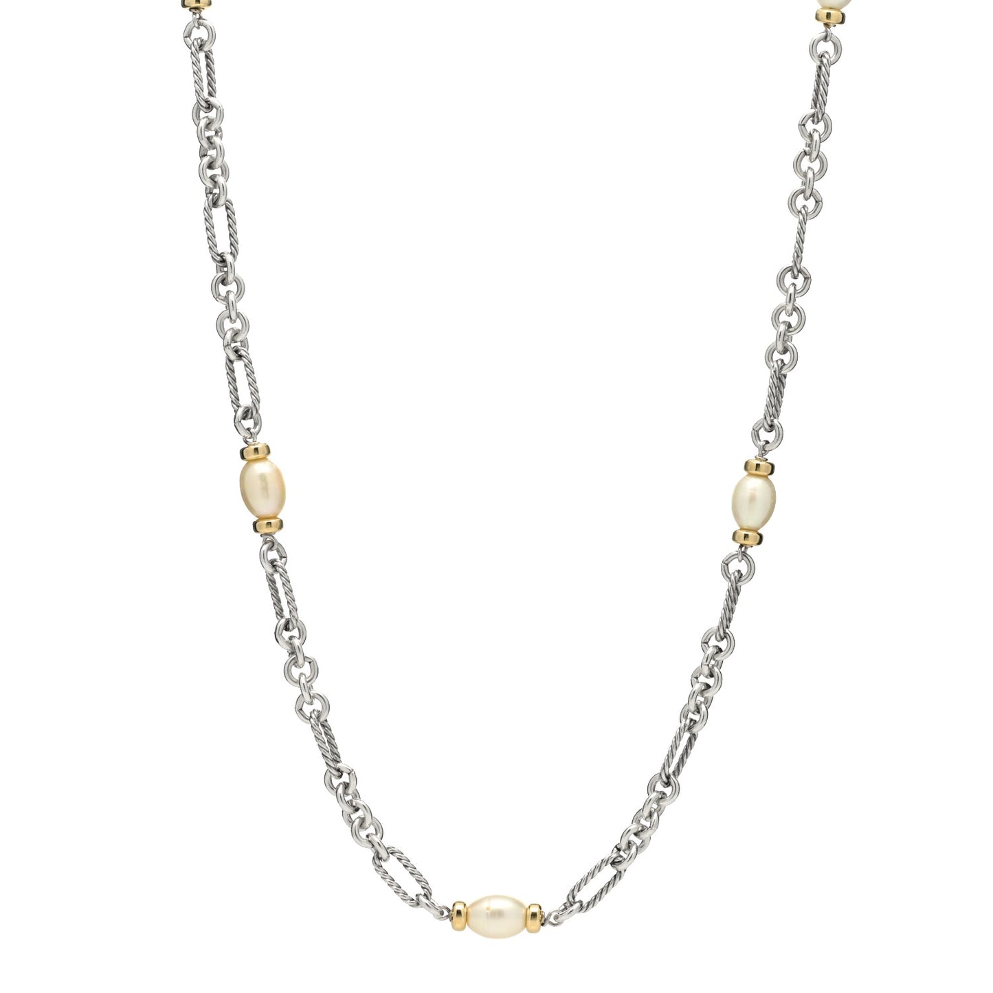 Sterling Silver 18K Yellow Gold Baroque Pearl Long Figaro Chain Necklace