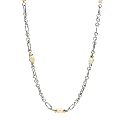 David Yurman Sterling Silver 18K Yellow Gold Baroque Pearl Long Figaro Chain Necklace 1 of 5