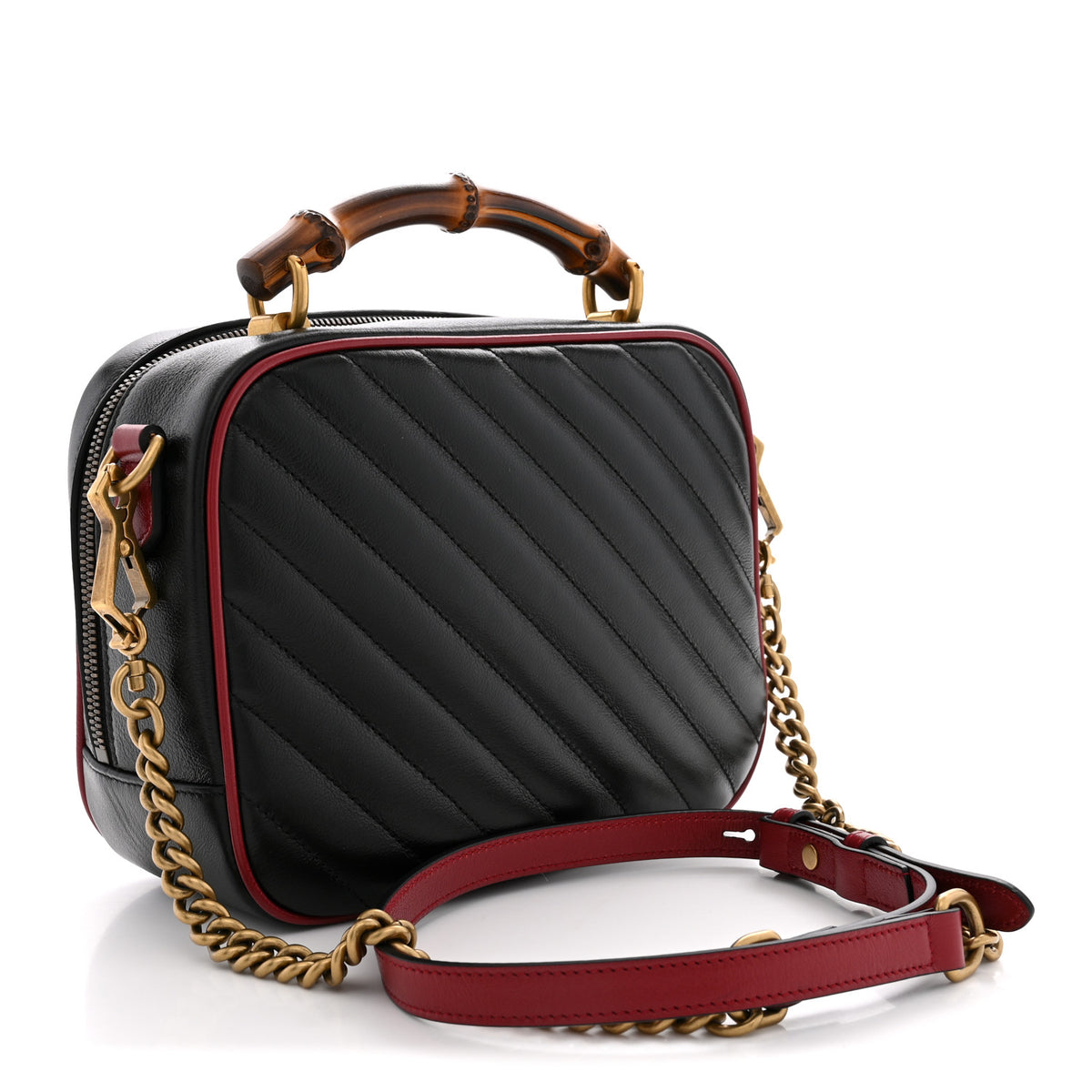 Vintage Effect Calfskin Matelasse Diagonal Small Torchon GG Marmont Bamboo Top Handle Shoulder Bag Black Romantic Cherry