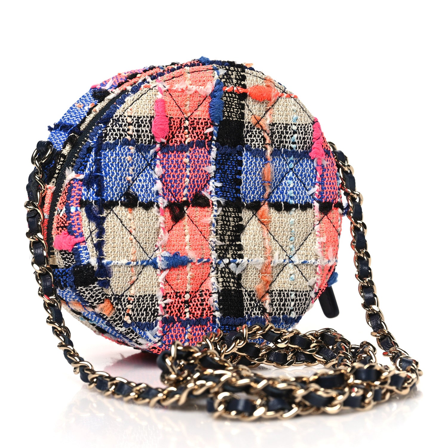 Chanel Tweed Quilted Round Clutch With Chain Blue Orange Multicolor 3 of 10