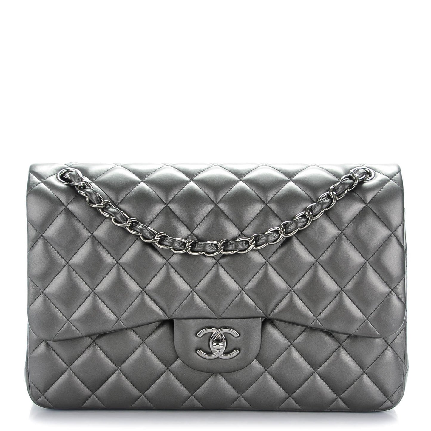 Metallic Lambskin Quilted Jumbo Double Flap Charcoal Grey