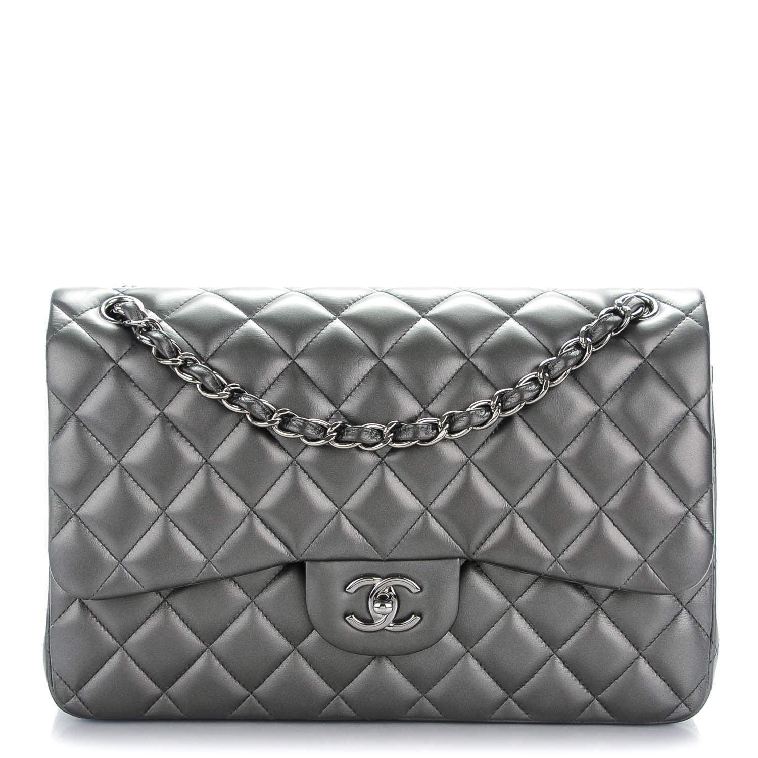 Chanel Metallic Lambskin Quilted Jumbo Double Flap Charcoal Grey 1 of 8