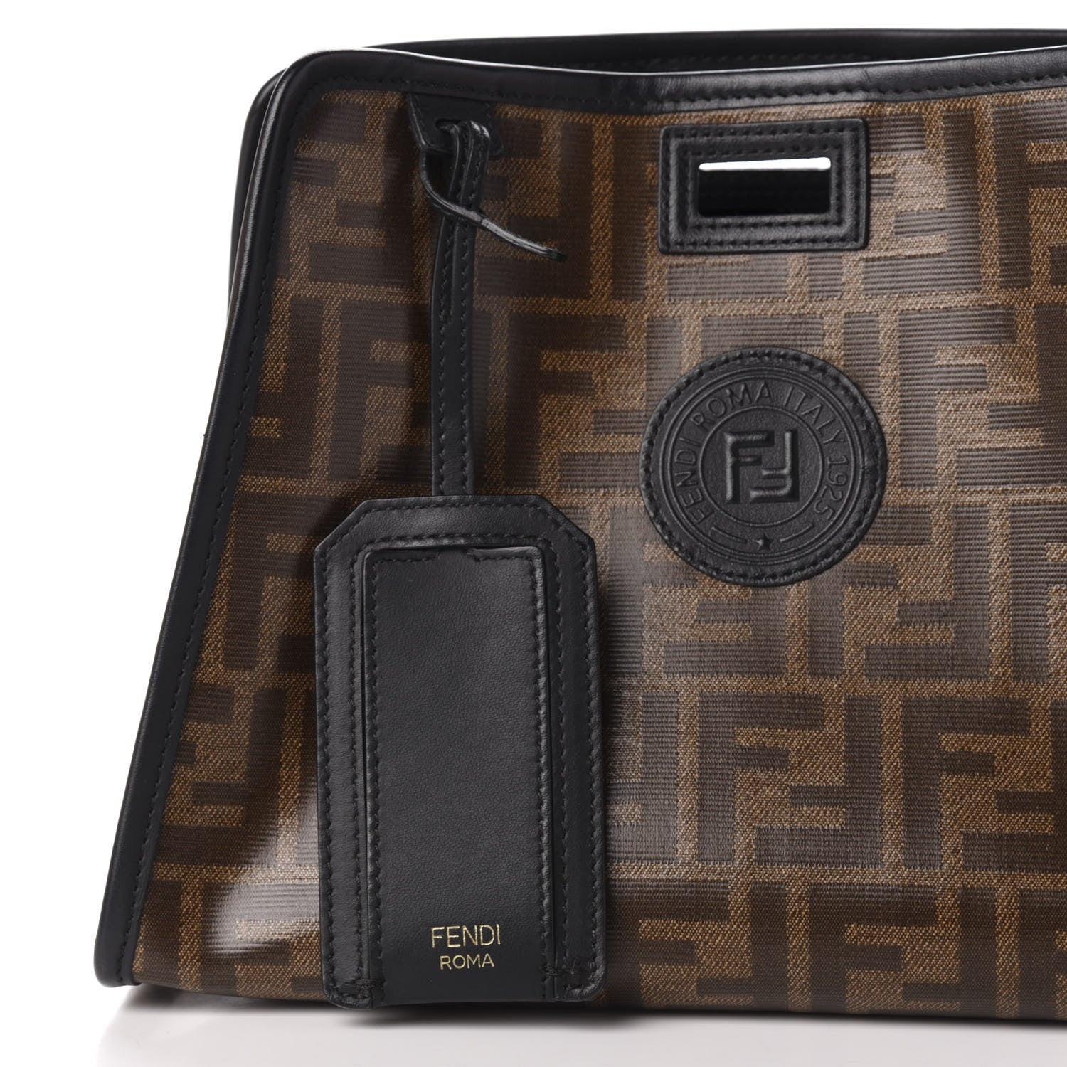 Fendi Glazed Fabric Vitello Century FF 1974 Stamp Patch Mini Peekaboo Defender Cover Mogano Panna Black 9 of 11