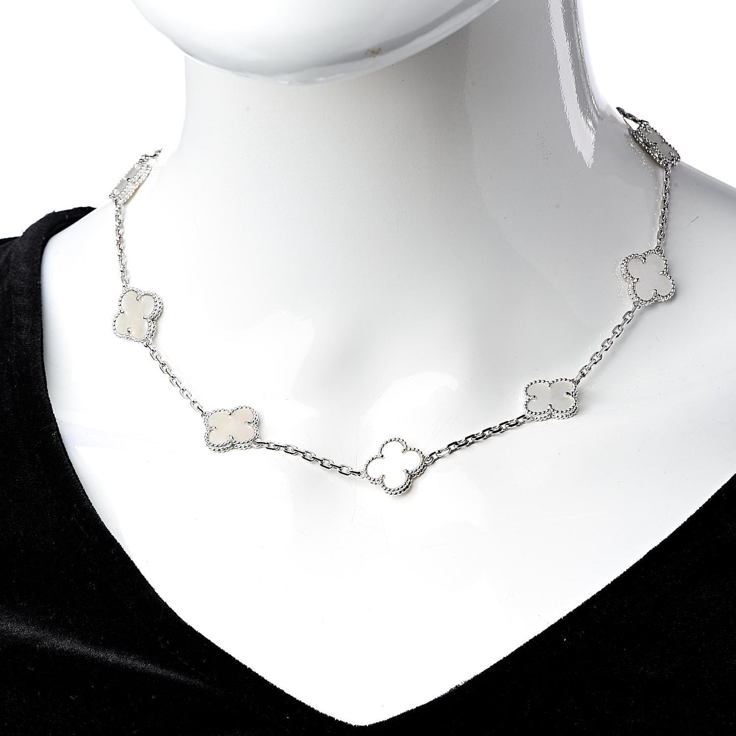 18K White Gold Mother of Pearl 10 Motifs Vintage Alhambra Necklace