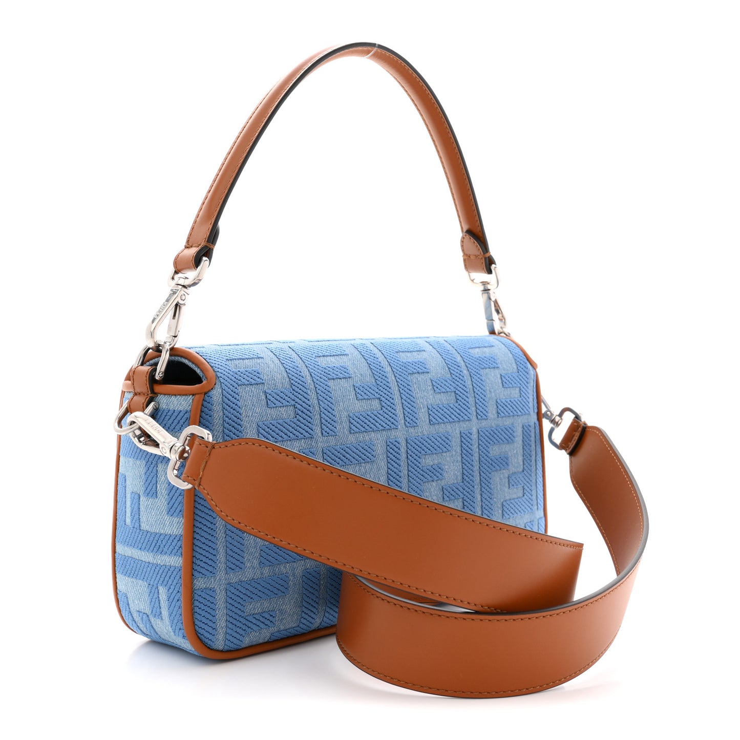 Denim Vitello King FF Embroidered Baguette Denim Chiaro Brandy