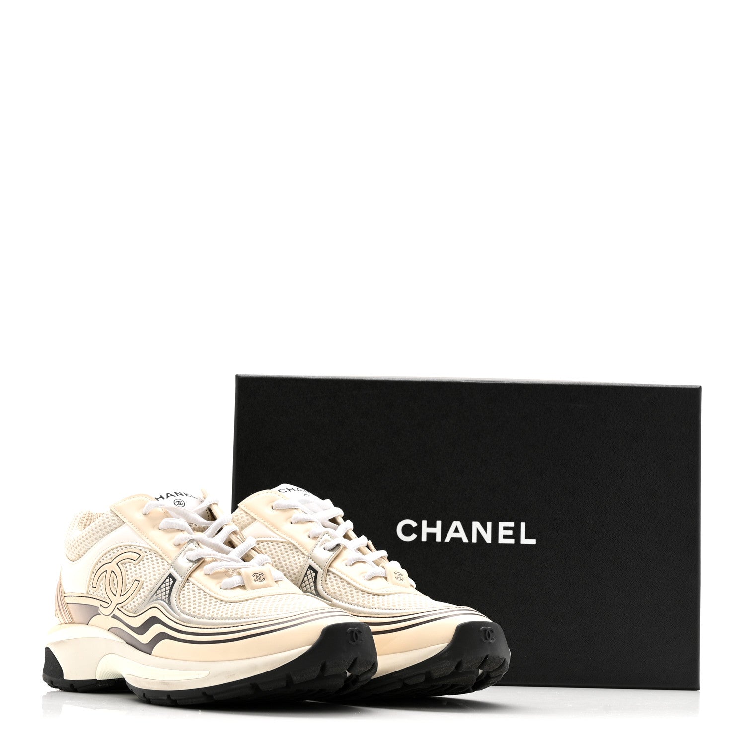 Chanel Fabric Laminated Calfskin Stretch CC Sneakers 37 Ivory White Silver 14 of 14
