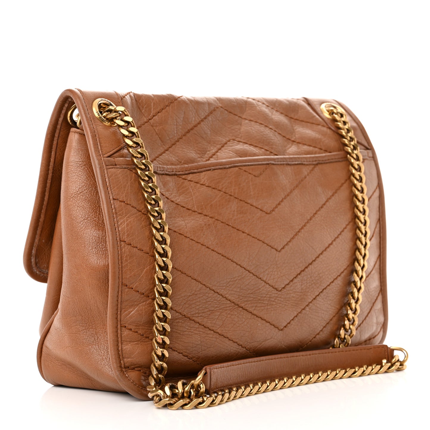 Crinkled Calfskin Matelasse Monogram Medium Niki Chain Satchel Caramel