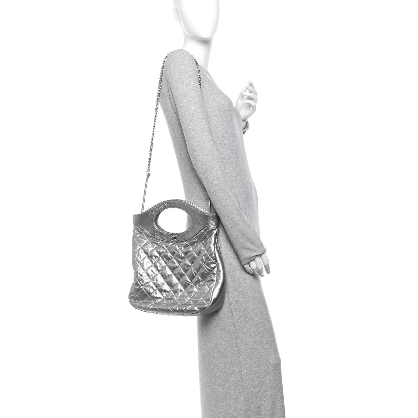 Metallic Crumpled Calfskin Small 31 Shopping Bag Silver