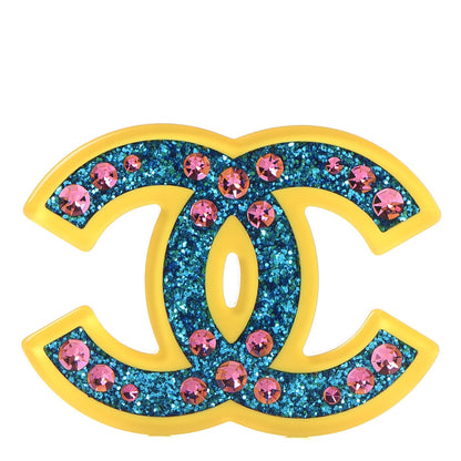 Chanel Resin Glitter Crystal CC Brooch Yellow Blue 1 of 5