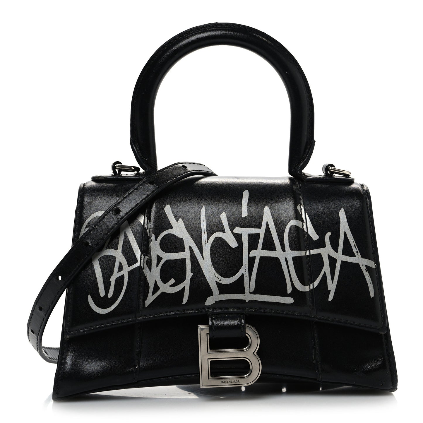Box Calfskin Graffiti Logo Hourglass Top Handle Bag XS Black Silver