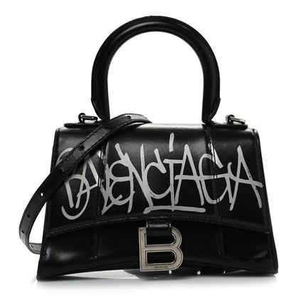 Balenciaga Box Calfskin Graffiti Logo Hourglass Top Handle Bag XS Black Silver 1 of 13
