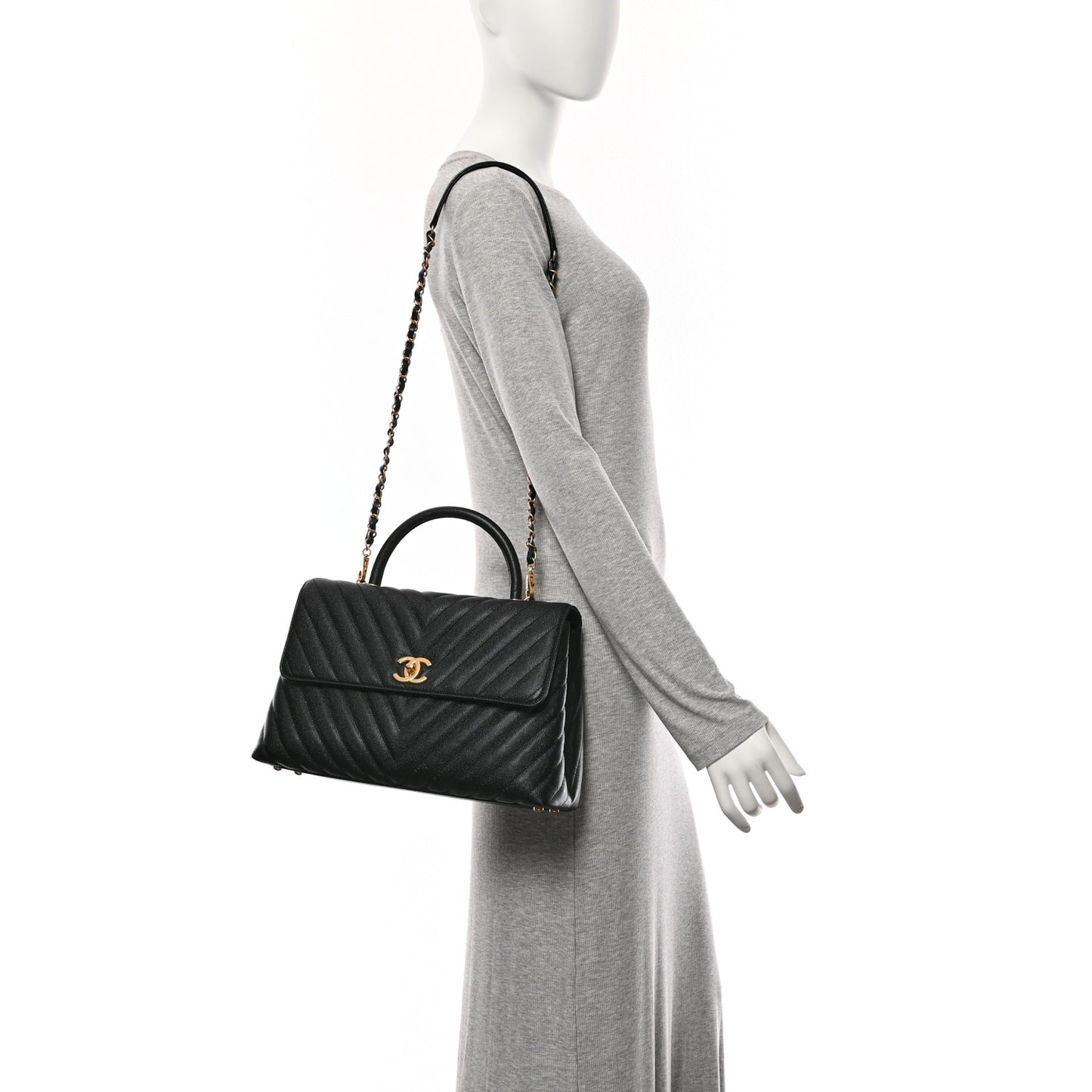 Caviar Chevron Quilted Medium Coco Handle Flap Black