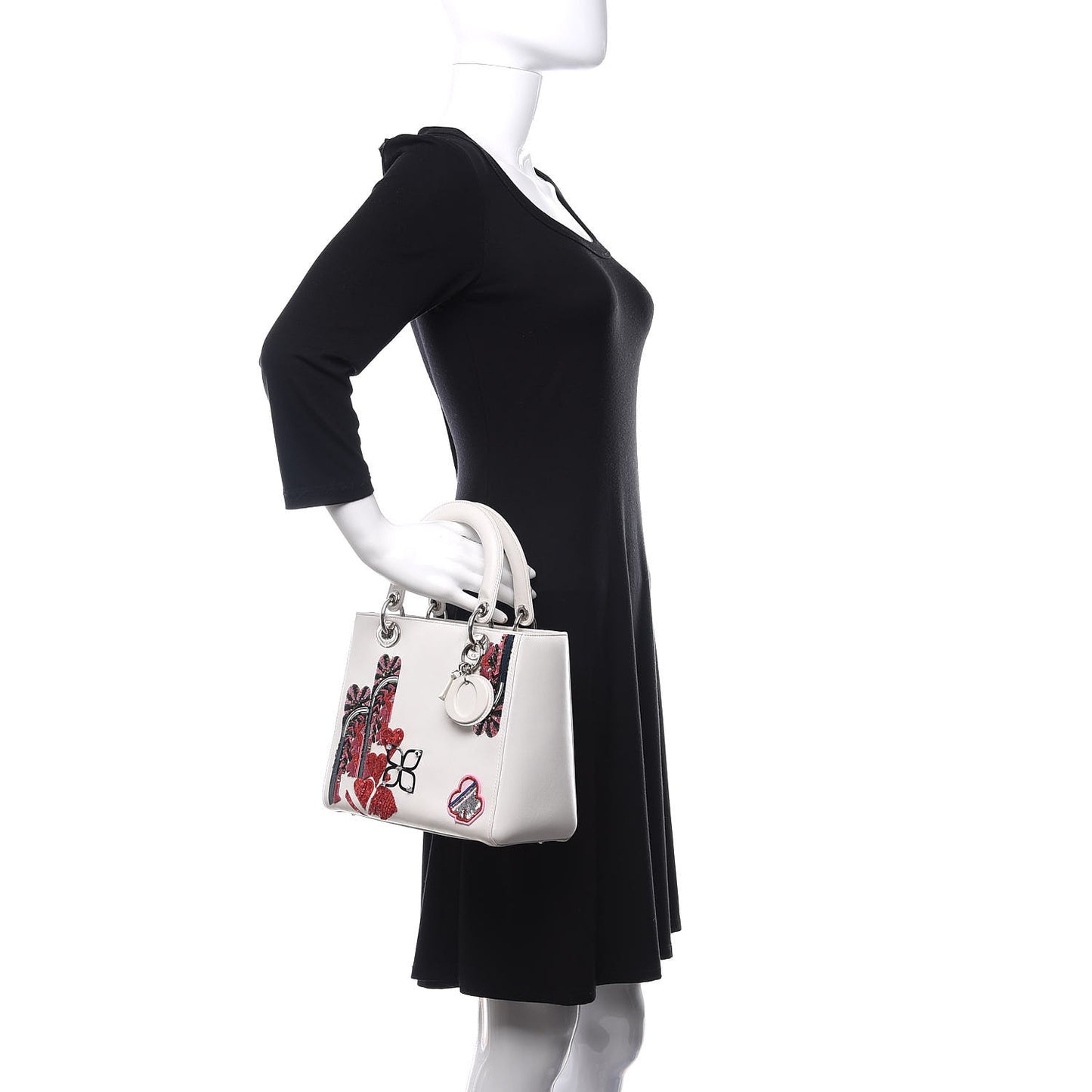 Smooth Calfskin Embroidered Medium Lady Dior White Multicolor