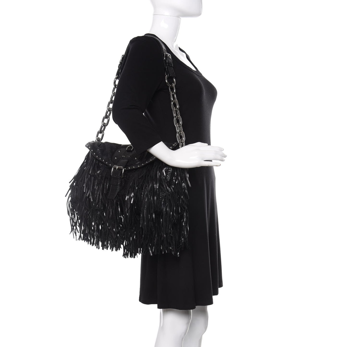 Vitello Shine Fringe Studded Flap Hobo Black