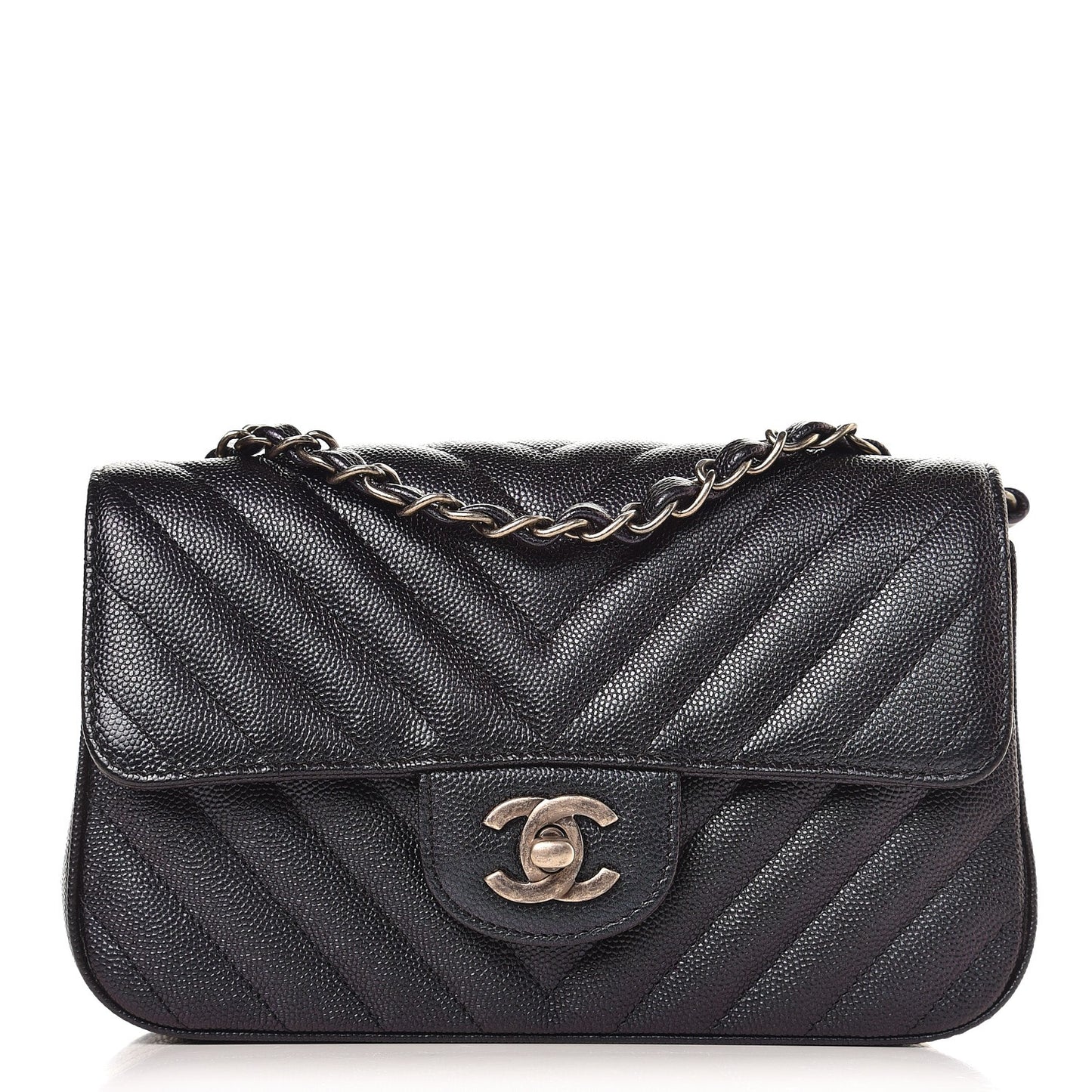 Iridescent Caviar Chevron Quilted Mini Rectangular Flap Black