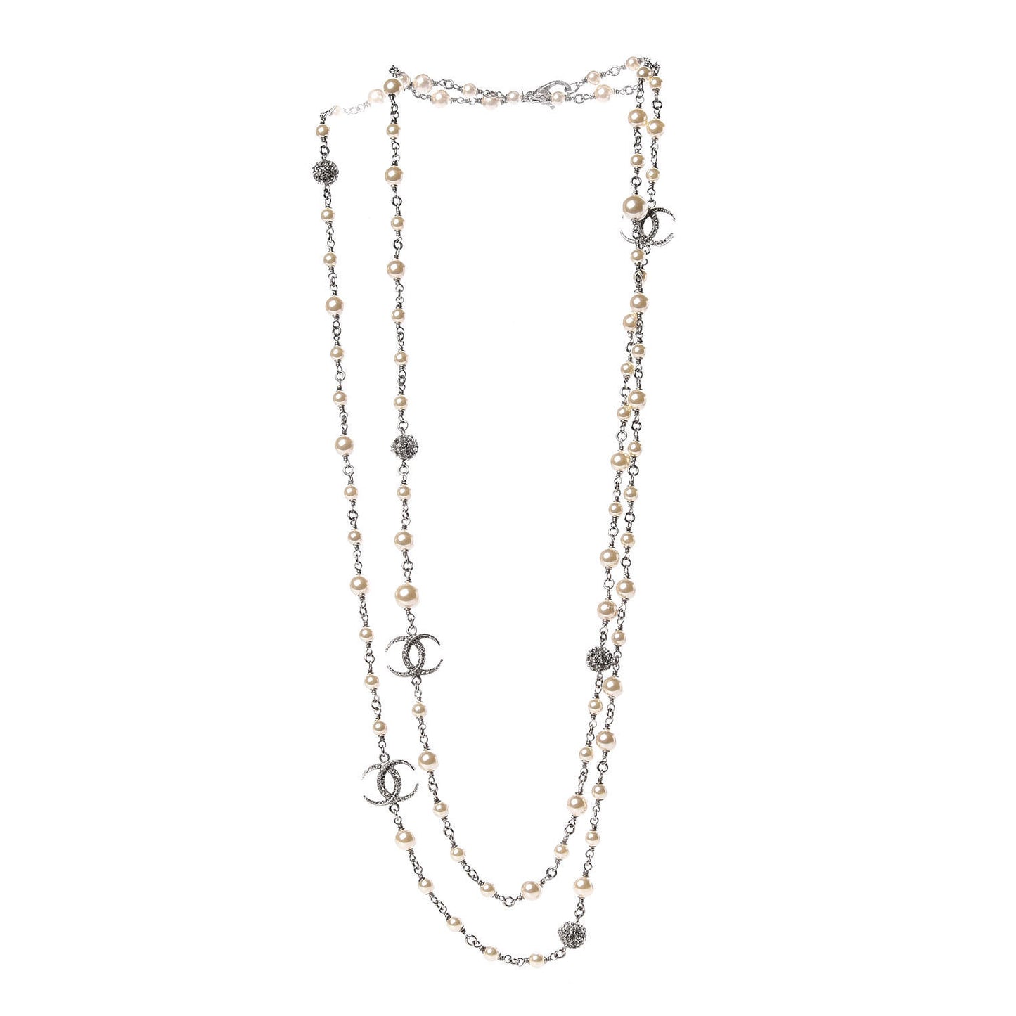 Pearl Baguette Crystal CC Moon Long Necklace Silver