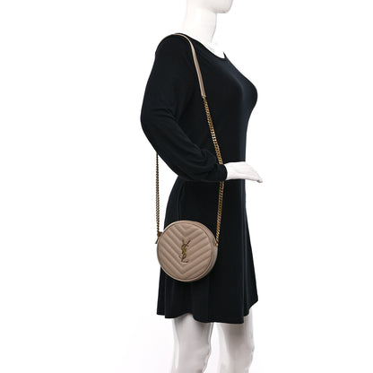 Saint Laurent Grain De Poudre Matelasse Chevron Quilted Round Vinyle Camera Bag Dark Beige 2 of 9