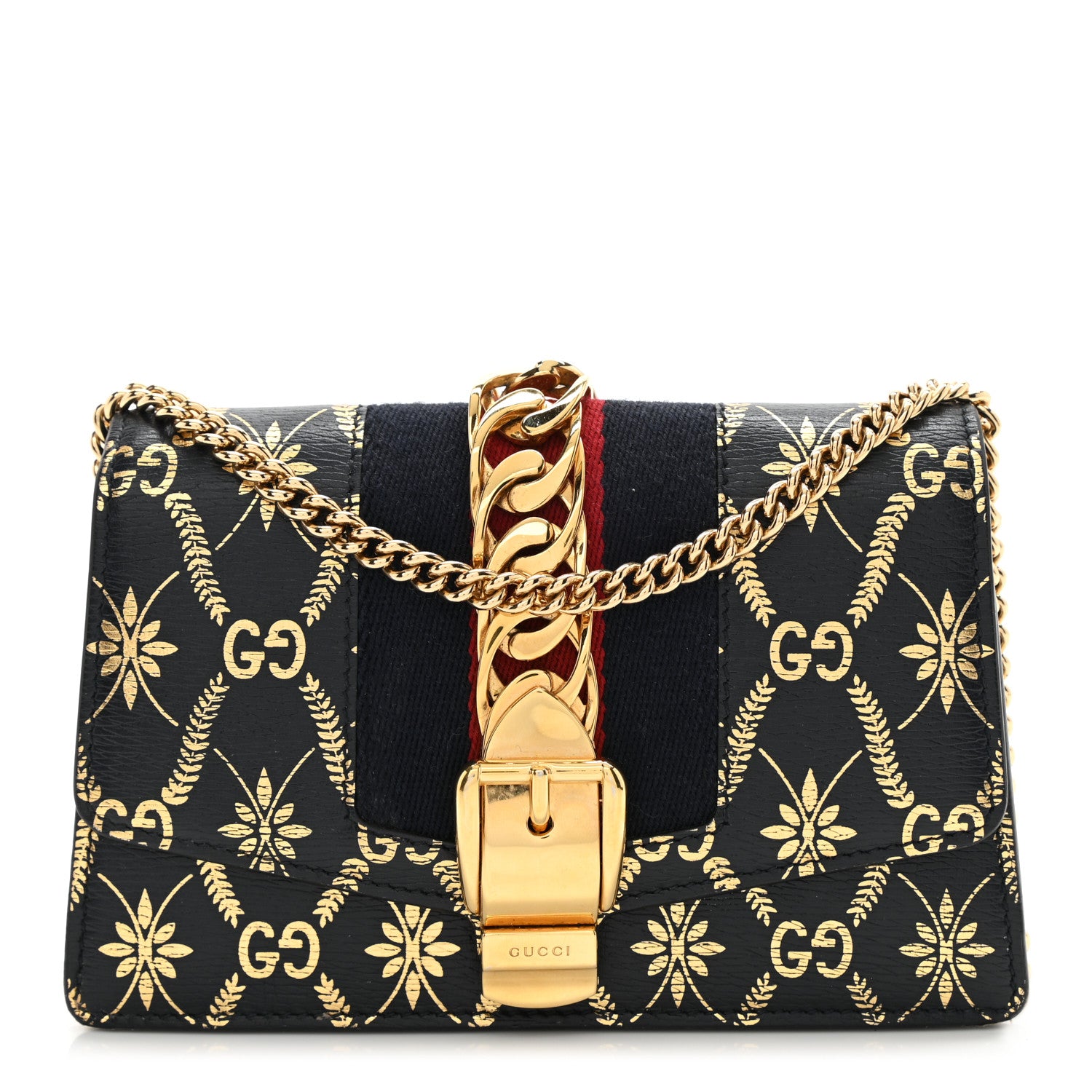 Gucci Textured Calfskin Super Mini Sylvie Chain Shoulder Bag Navy Gold 1 of 13
