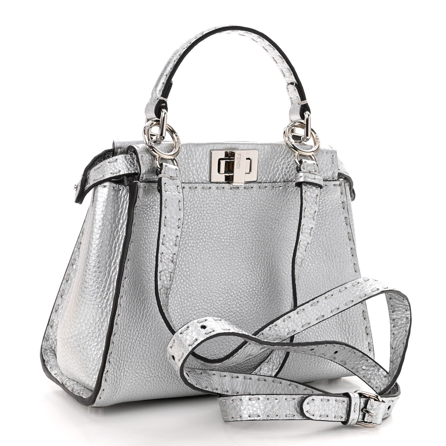 Fendi Cuoio Romano Lux Selleria Mini Peekaboo Iconic Satchel Argento 3 of 11