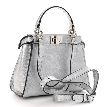 Fendi Cuoio Romano Lux Selleria Mini Peekaboo Iconic Satchel Argento 3 of 11