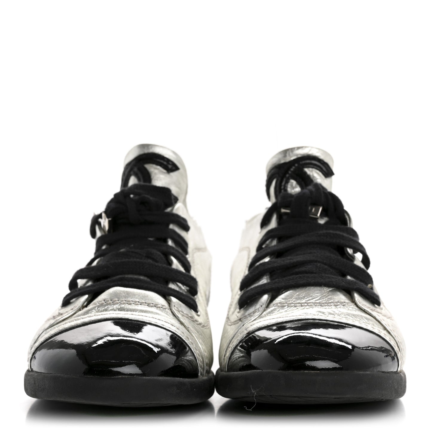 Metallic Lambskin Patent Cap Toe CC Sneakers 38.5 Silver Black