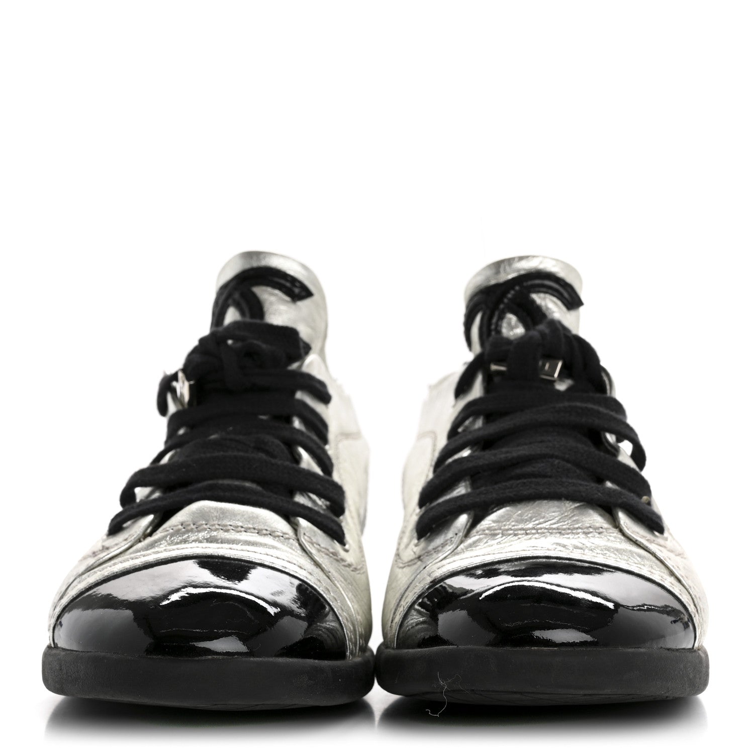 Chanel Metallic Lambskin Patent Cap Toe CC Sneakers 38.5 Silver Black 3 of 12