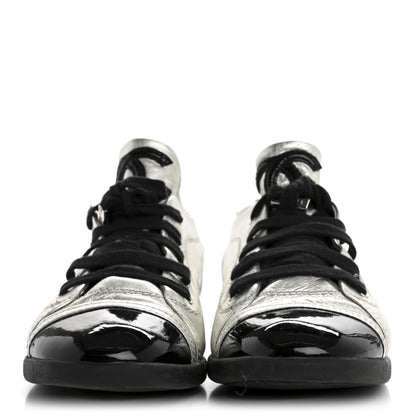 Chanel Metallic Lambskin Patent Cap Toe CC Sneakers 38.5 Silver Black 3 of 12