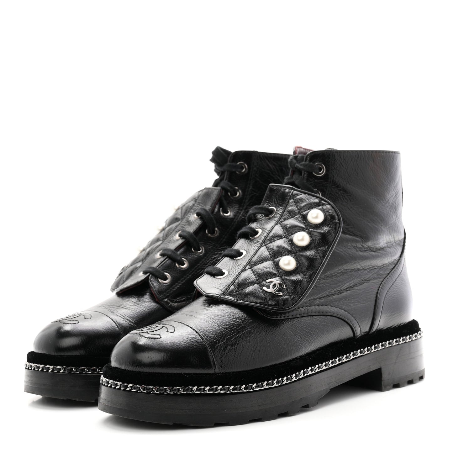 Crackled Calfskin Velvet Pearl Combat Short Boots 38 Black
