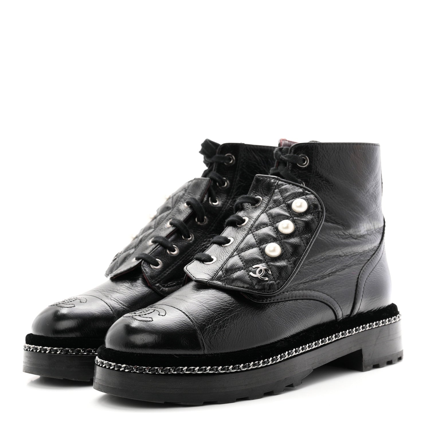 Chanel Crackled Calfskin Velvet Pearl Combat Short Boots 38 Black 4 of 10